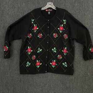 IB Diffusion Holiday Cardigan Sweater Women’s 3X Black Poinsettia Beaded